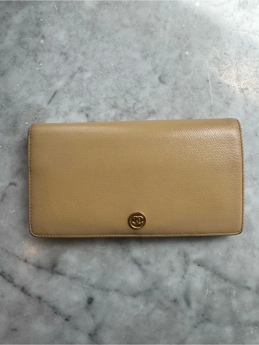 CHANEL Beige Leather Long Wallet with Gold CC Button